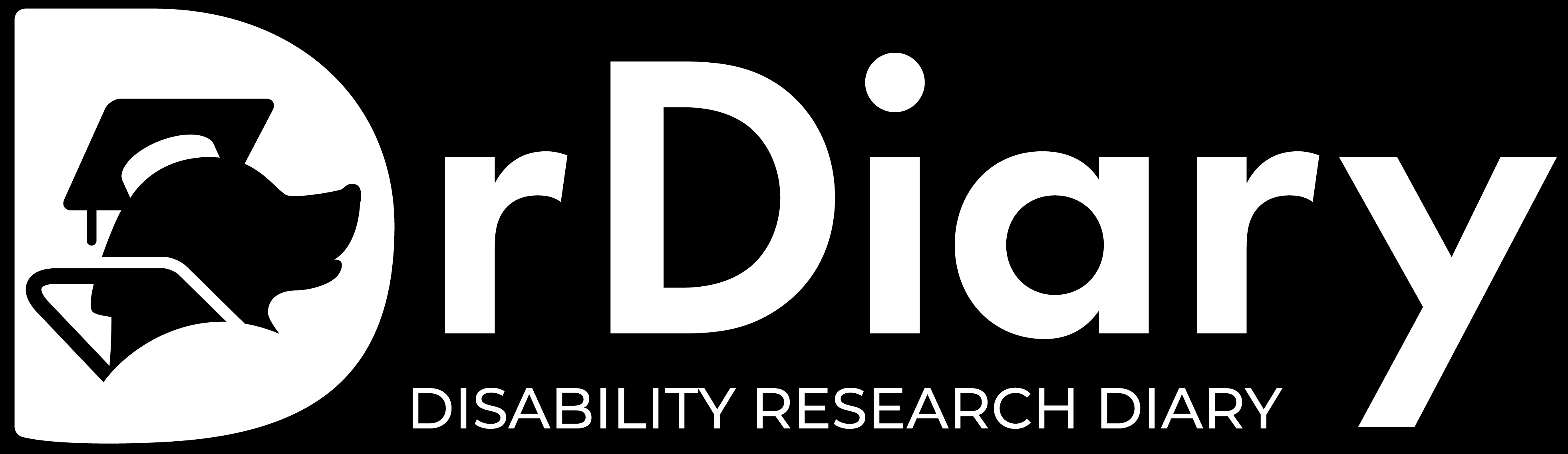 Logo of Disability Reserach Diary. THe D has a guide dog with a graduation cap in it